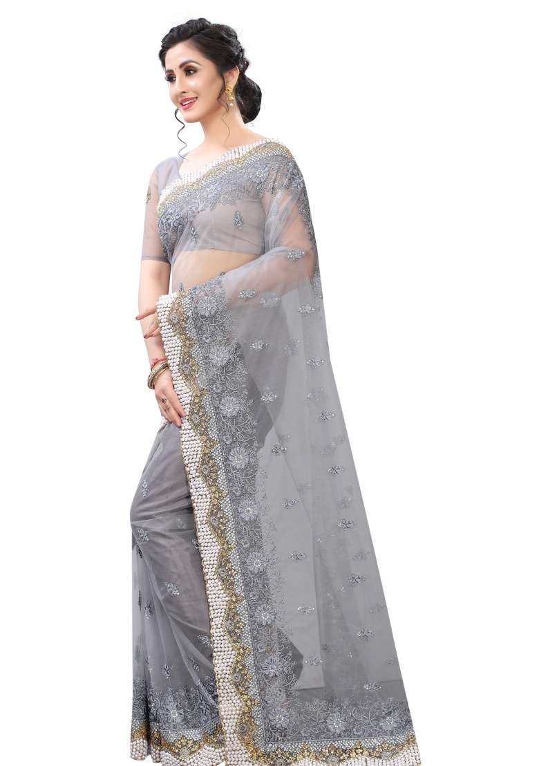 Grey Embroidery Net Saree Set for Diwali and Festive Wear - Indya