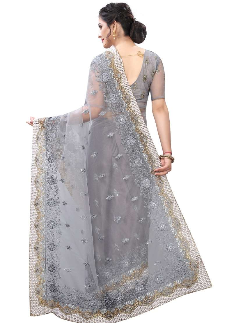 Grey Embroidery Net Saree Set for Diwali and Festive Wear - Indya