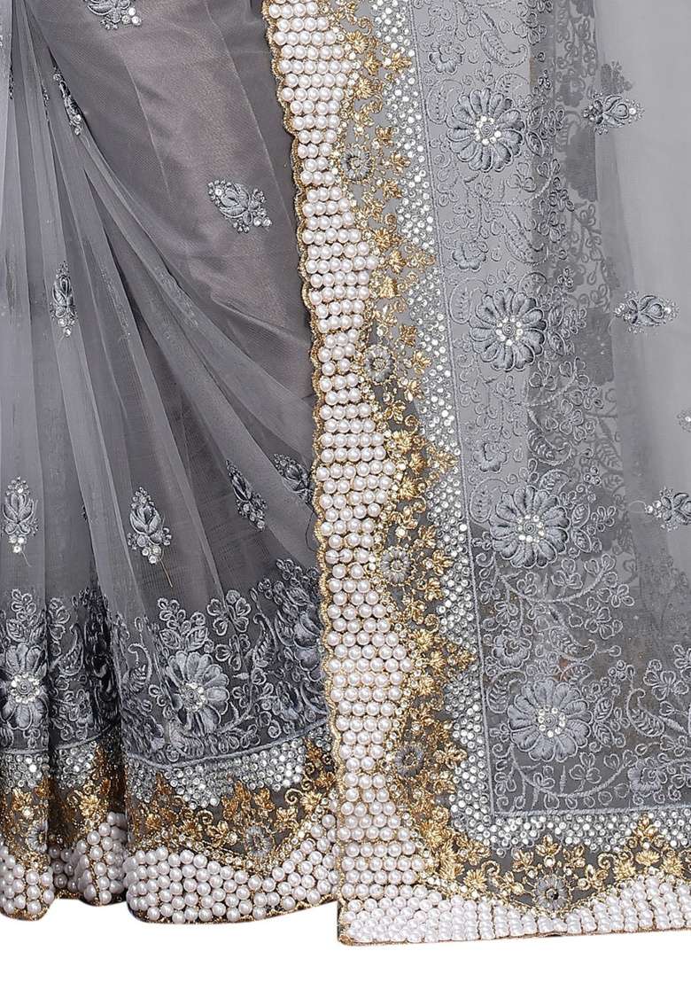 Grey Embroidery Net Saree Set for Diwali and Festive Wear - Indya