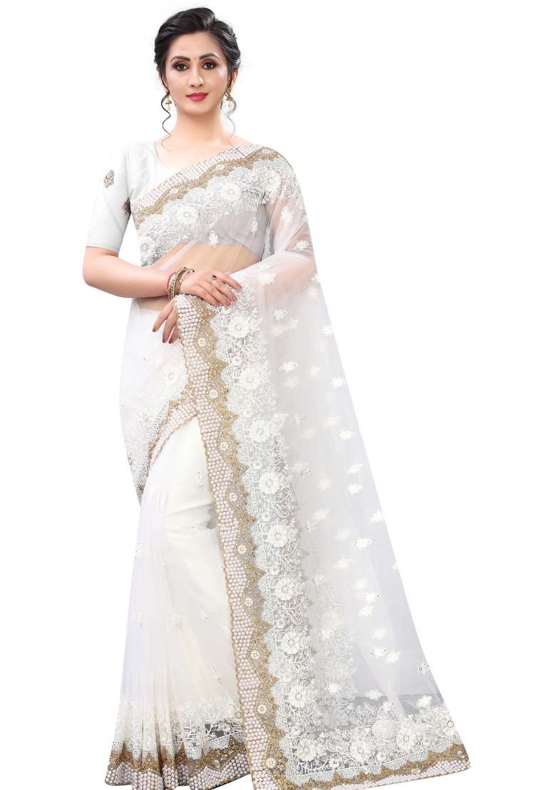 White Embroidery Net Saree Set for Diwali and Festive Wear - Indya