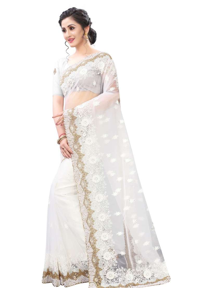 White Embroidery Net Saree Set for Diwali and Festive Wear - Indya