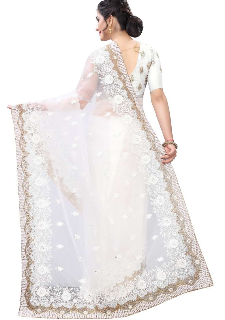 White Embroidery Net Saree Set for Diwali and Festive Wear - Indya