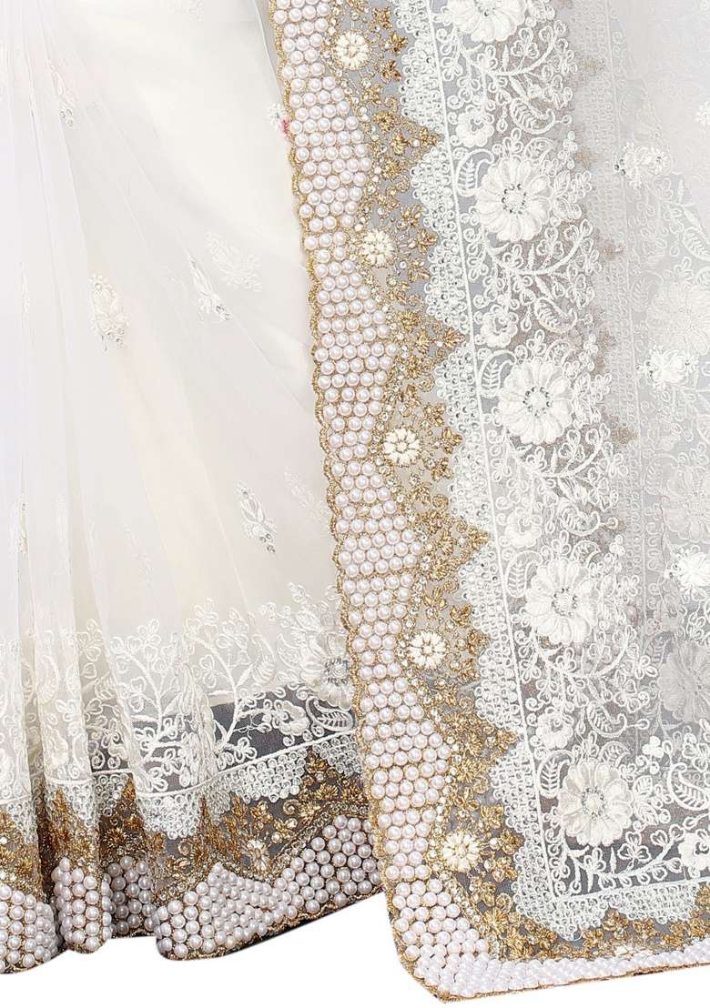 White Embroidery Net Saree Set for Diwali and Festive Wear - Indya