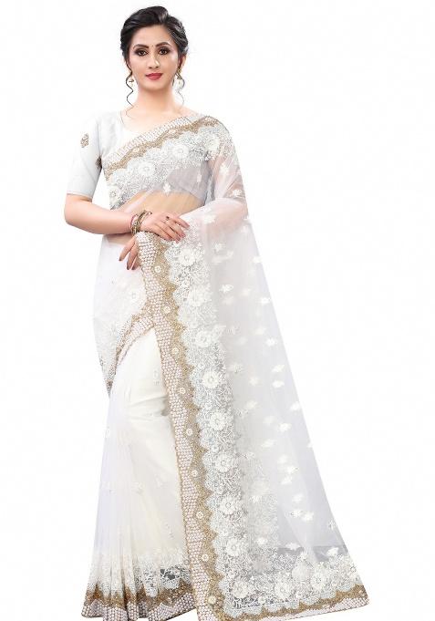 White Embroidery Net Saree Set