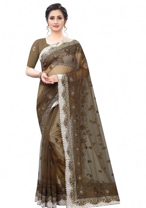 Mehendi Embroidery Net Saree Set