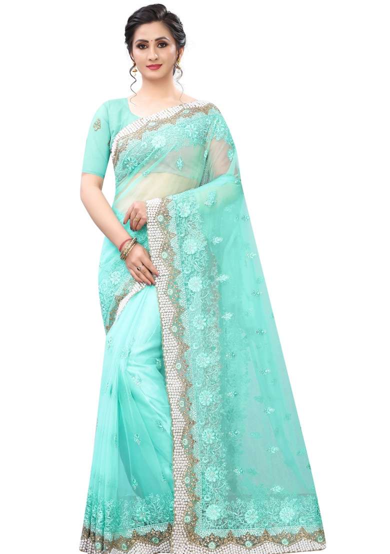 Sky Blue Embroidery Net Saree Set for Diwali and Festive Wear - Indya