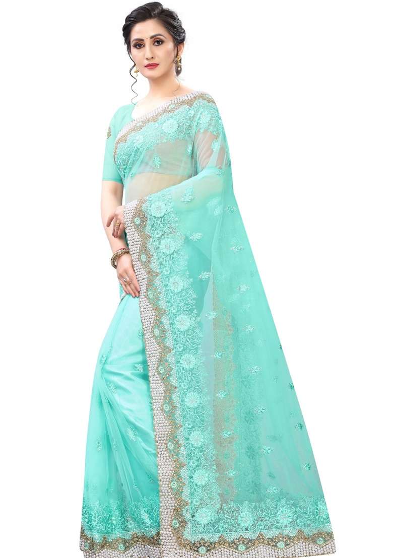 Sky Blue Embroidery Net Saree Set for Diwali and Festive Wear - Indya