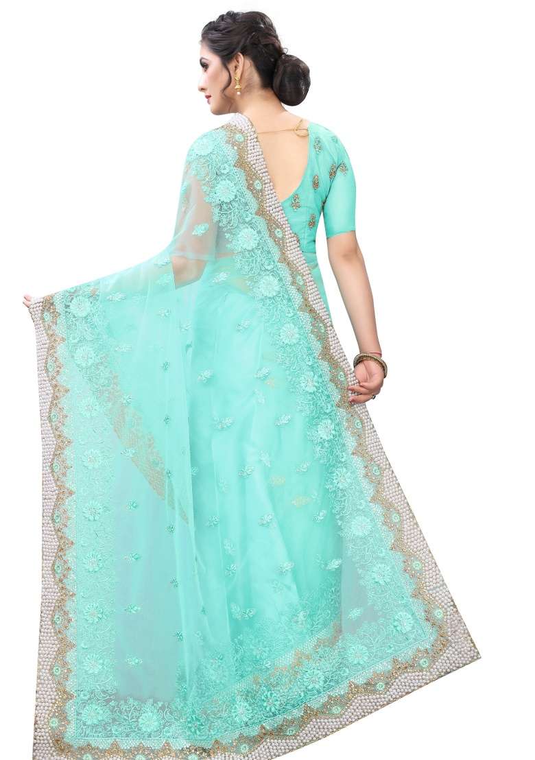Sky Blue Embroidery Net Saree Set for Diwali and Festive Wear - Indya