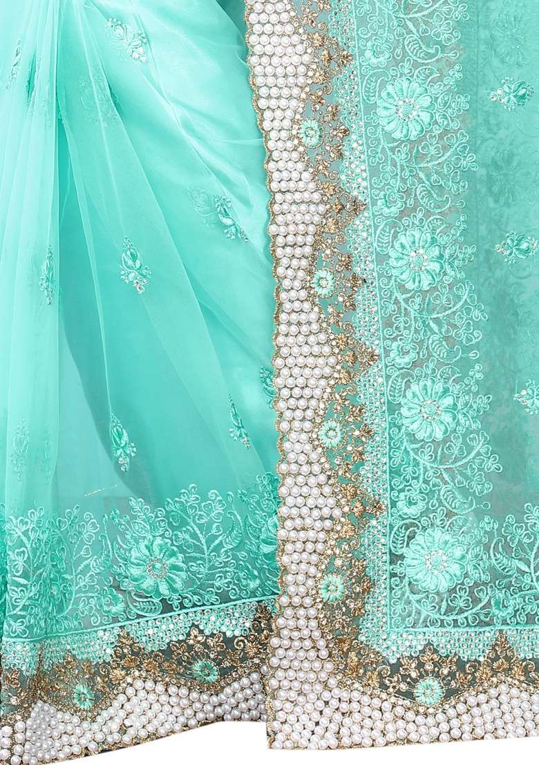 Sky Blue Embroidery Net Saree Set for Diwali and Festive Wear - Indya