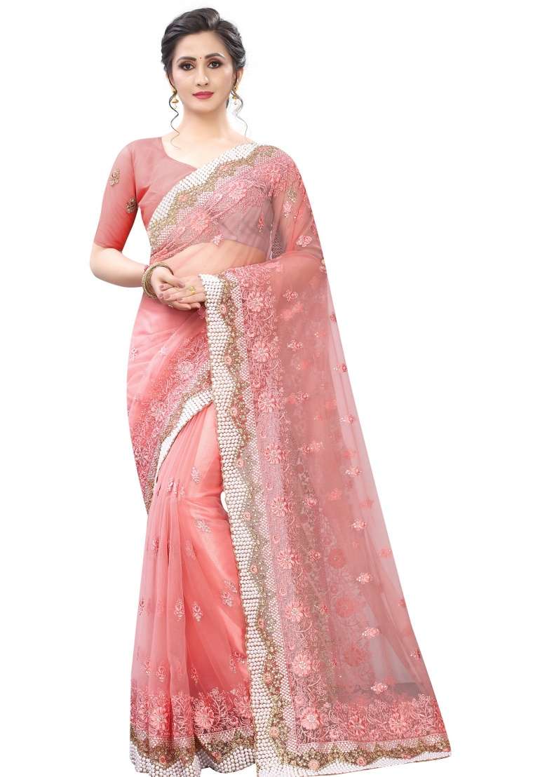 Peach Net Saree Set with Embroidery for Diwali | Wedding & Festive Wear - Indya