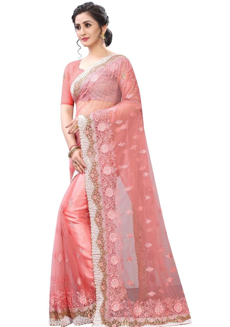 Peach Net Saree Set with Embroidery for Diwali | Wedding & Festive Wear - Indya