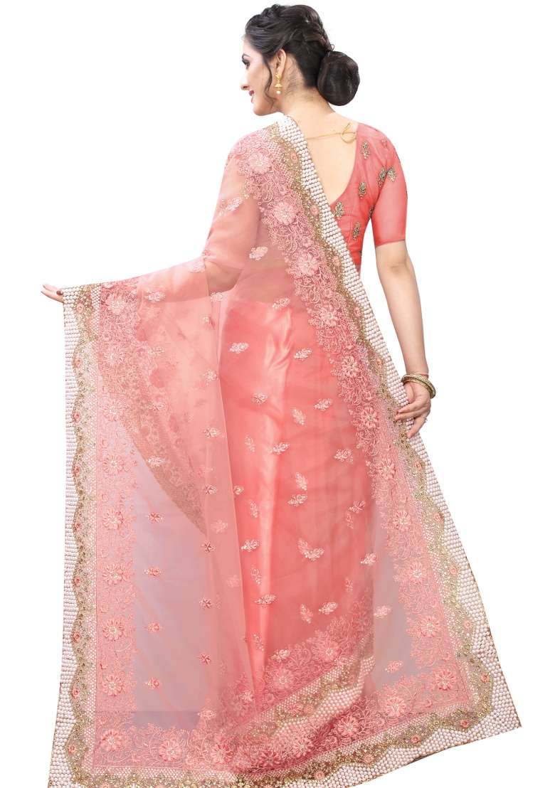 Peach Net Saree Set with Embroidery for Diwali | Wedding & Festive Wear - Indya