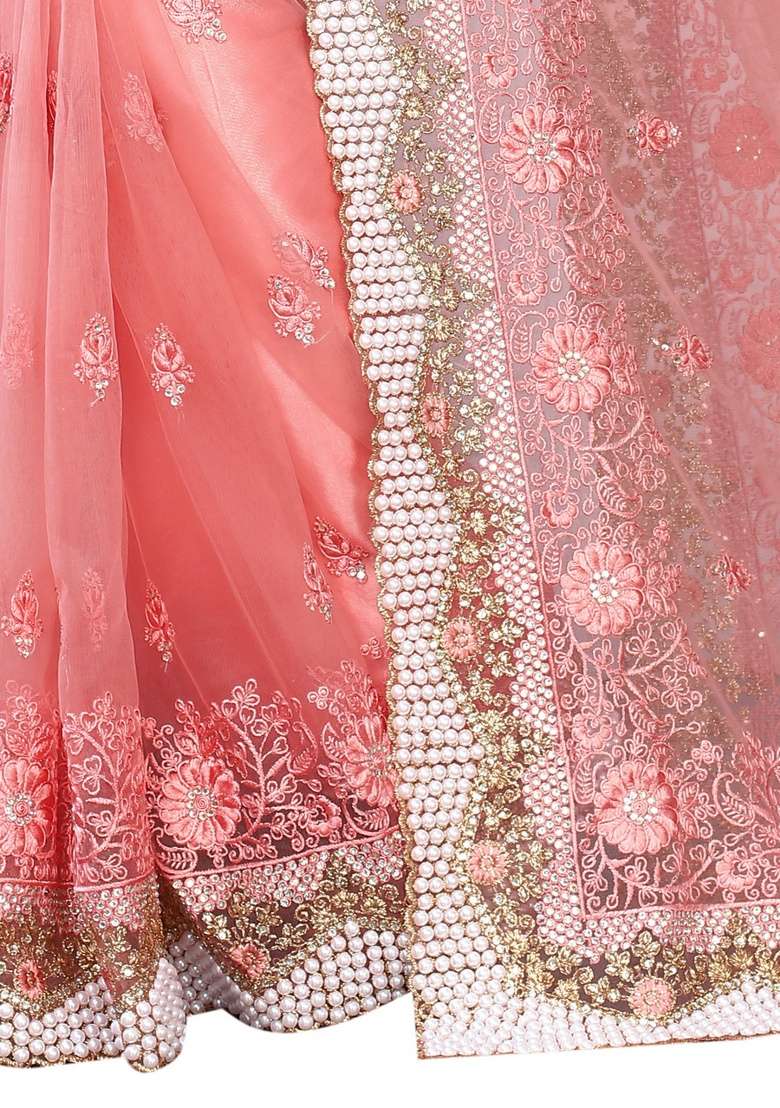 Peach Net Saree Set with Embroidery for Diwali | Wedding & Festive Wear - Indya