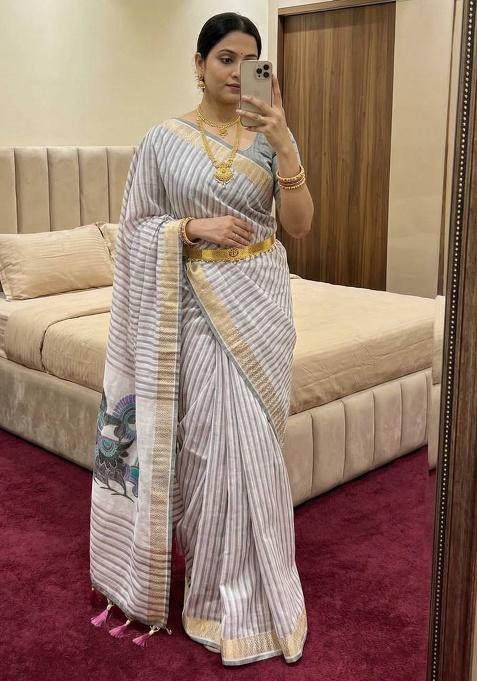 Grey Zari Work Cotton Saree Set