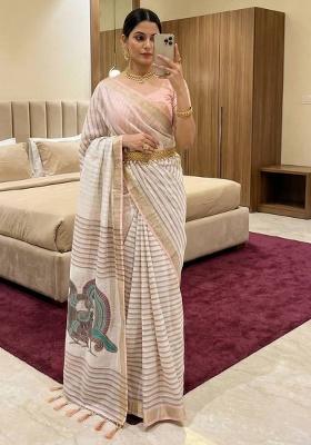 Peach Zari Work Cotton Saree Set