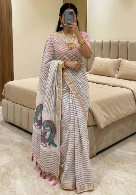 Pink Zari Work Cotton Saree Set