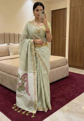 Pista Zari Work Cotton Saree Set