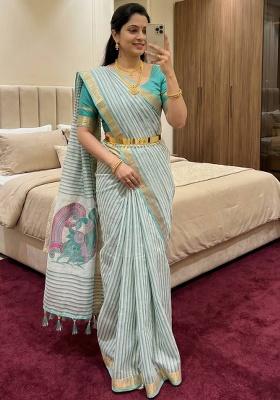Sky Blue Zari Work Cotton Saree Set