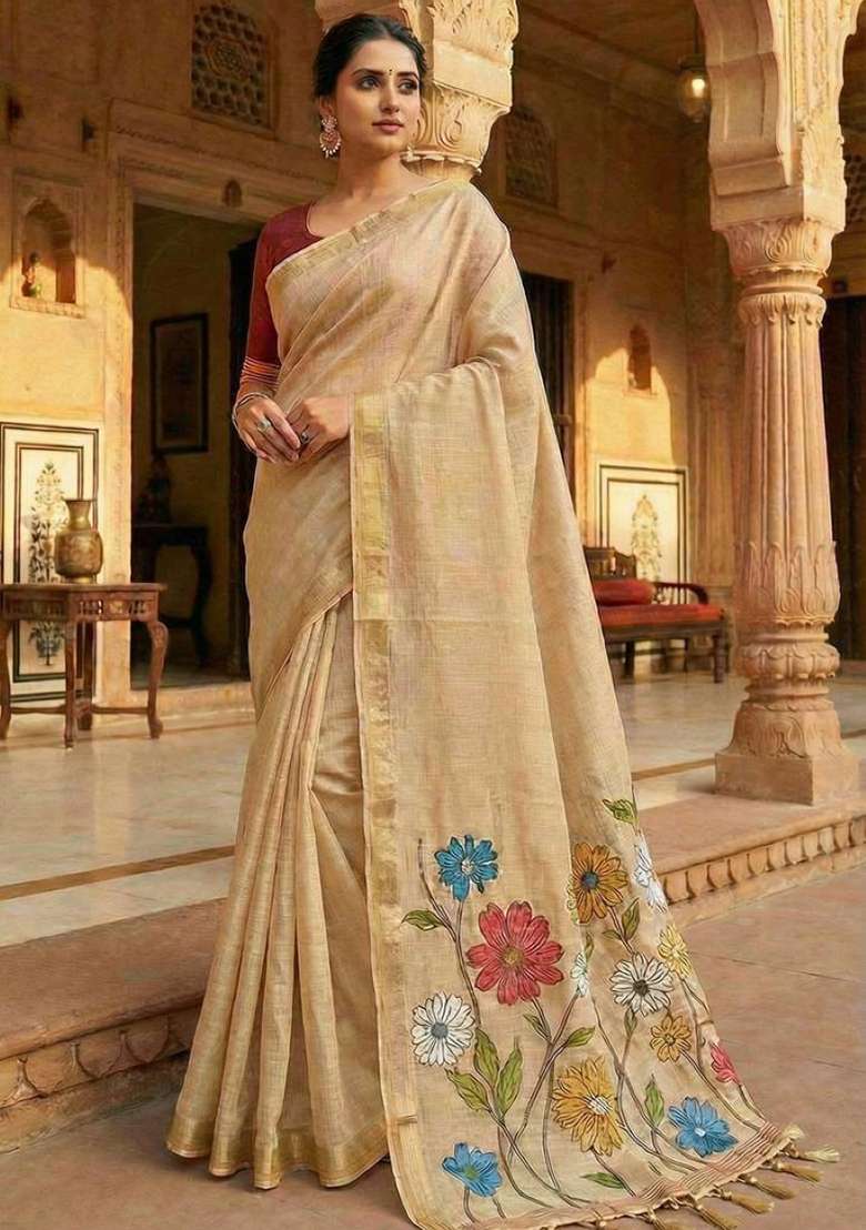 Cream Weaving Work Cotton Saree Set for Diwali and Festive Wear - Indya