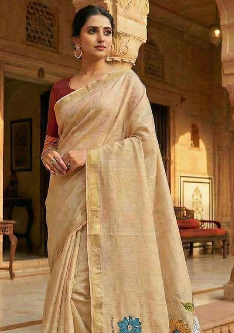Cream Weaving Work Cotton Saree Set for Diwali and Festive Wear - Indya