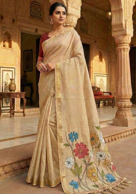 Cream Weaving Work Cotton Saree Set
