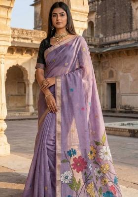 Lavender Weaving Work Cotton Saree Set