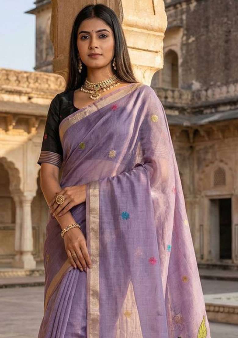 Lavender Weaving Work Cotton Saree Set for Diwali | Wedding & Festive Wear - Indya