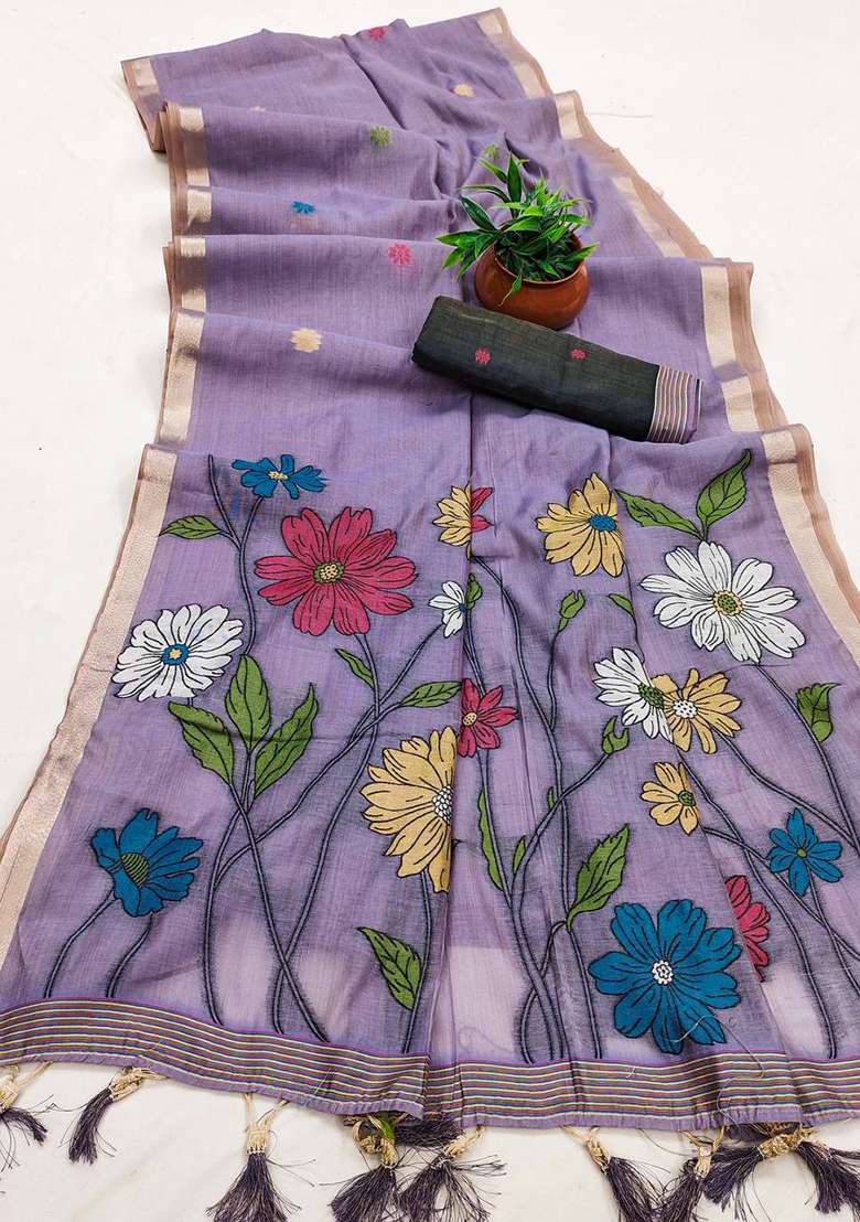 Lavender Weaving Work Cotton Saree Set for Diwali | Wedding & Festive Wear - Indya