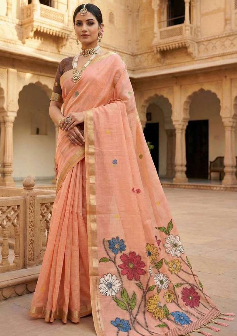 Peach Weaving Work Cotton Saree Set for Diwali and Festive Wear - Indya