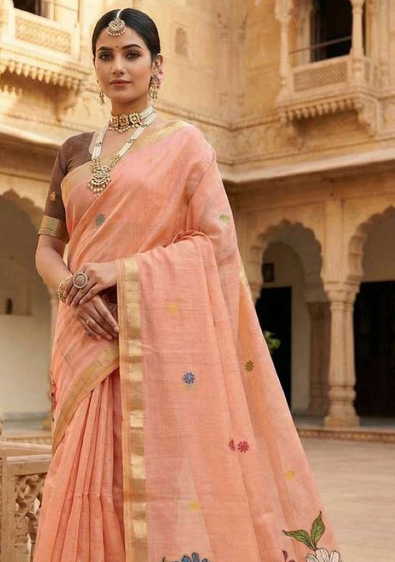 Peach Weaving Work Cotton Saree Set for Diwali and Festive Wear - Indya