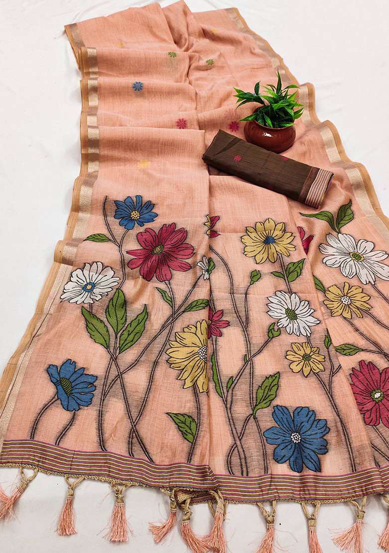 Peach Weaving Work Cotton Saree Set for Diwali and Festive Wear - Indya