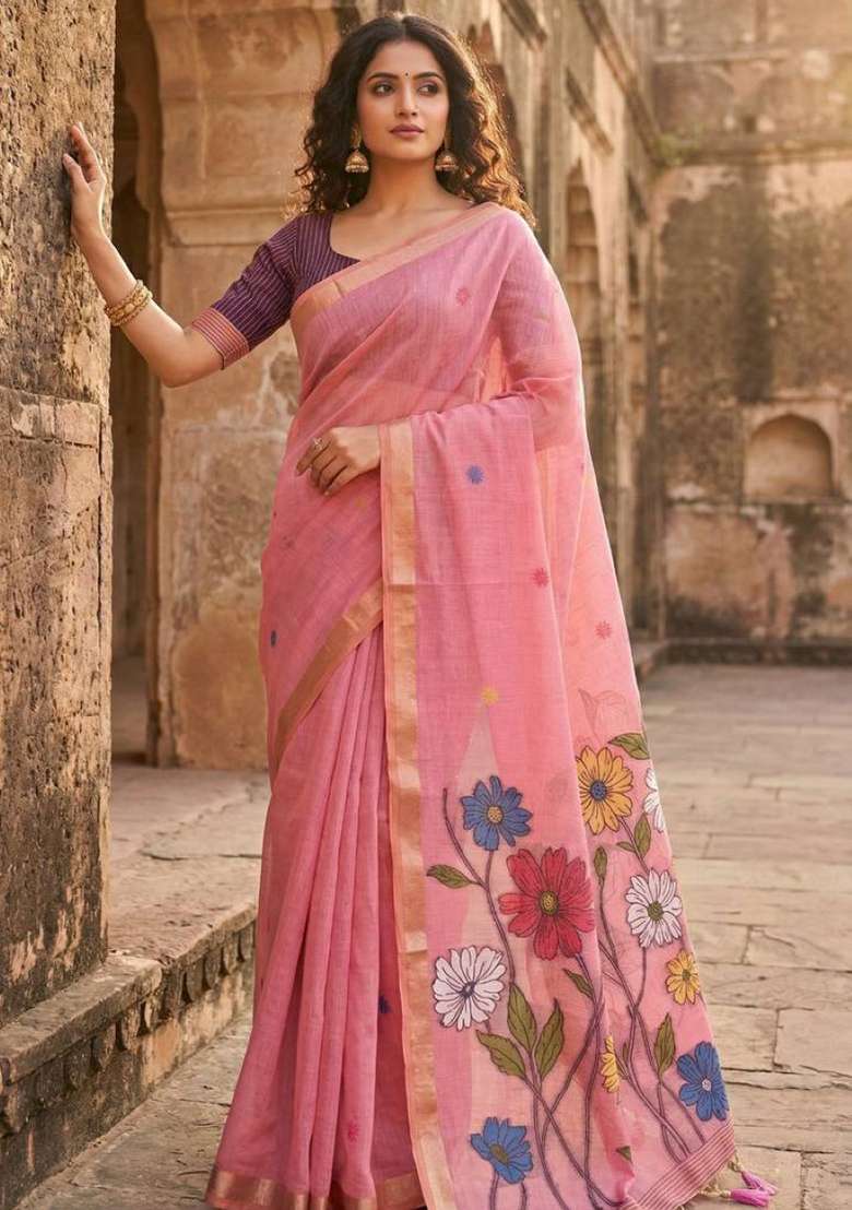 Pink Weaving Work Cotton Saree Set for Diwali | Wedding & Festive Wear - Indya