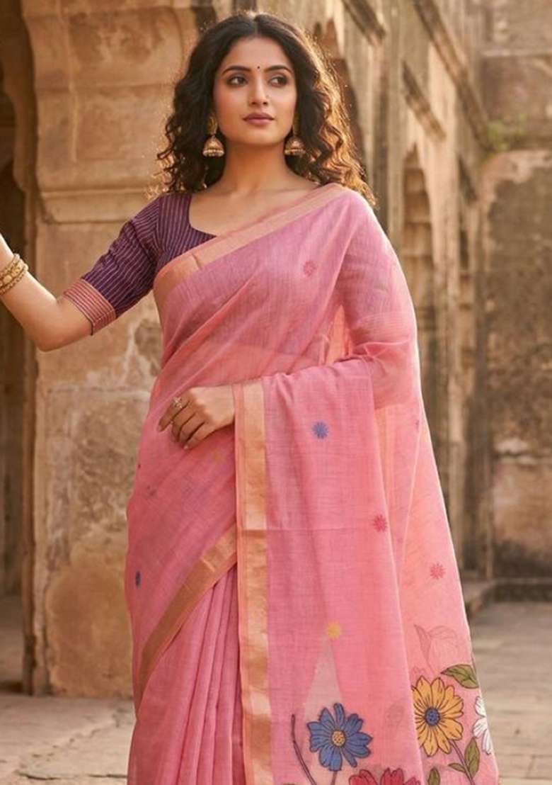 Pink Weaving Work Cotton Saree Set for Diwali | Wedding & Festive Wear - Indya