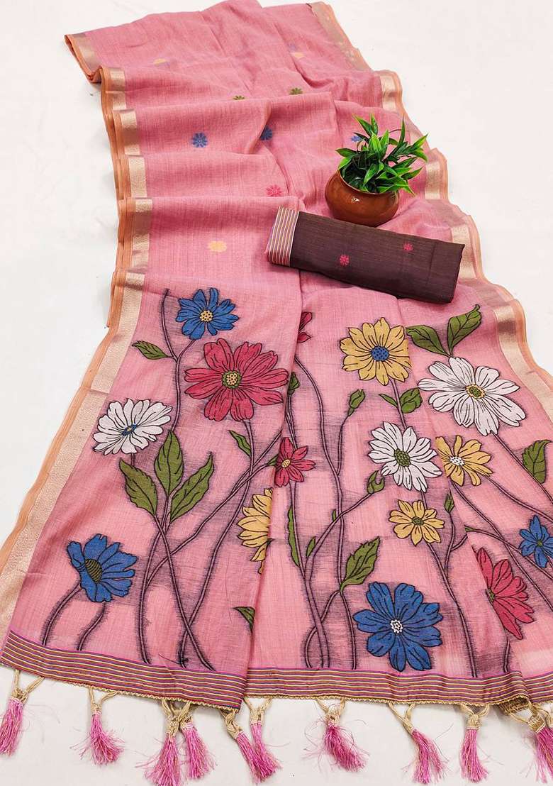 Pink Weaving Work Cotton Saree Set for Diwali | Wedding & Festive Wear - Indya