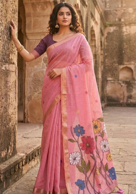 Pink Weaving Work Cotton Saree Set