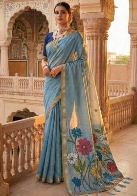 Sky Blue Weaving Work Cotton Saree Set