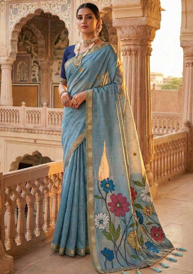 Sky Blue Weaving Work Cotton Saree Set for Diwali and Festive Wear - Indya