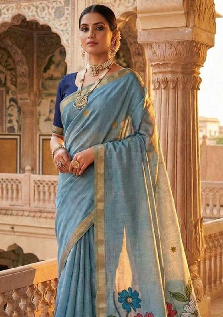 Sky Blue Weaving Work Cotton Saree Set for Diwali and Festive Wear - Indya