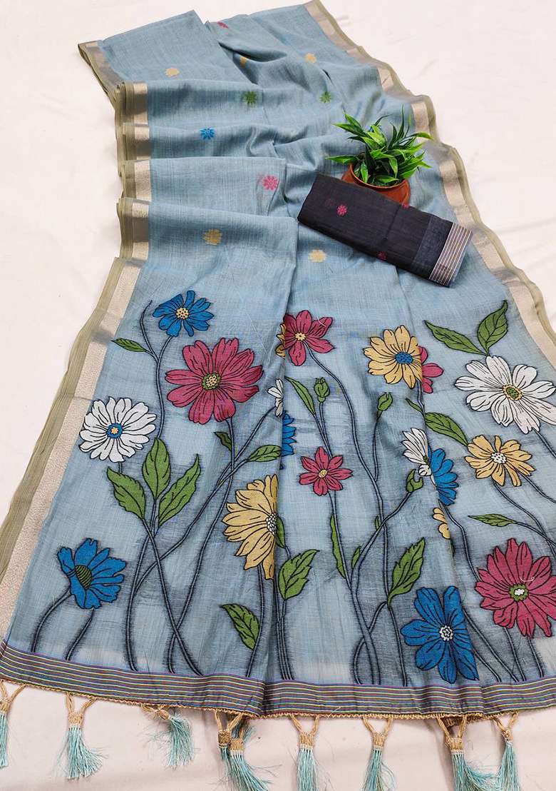 Sky Blue Weaving Work Cotton Saree Set for Diwali and Festive Wear - Indya