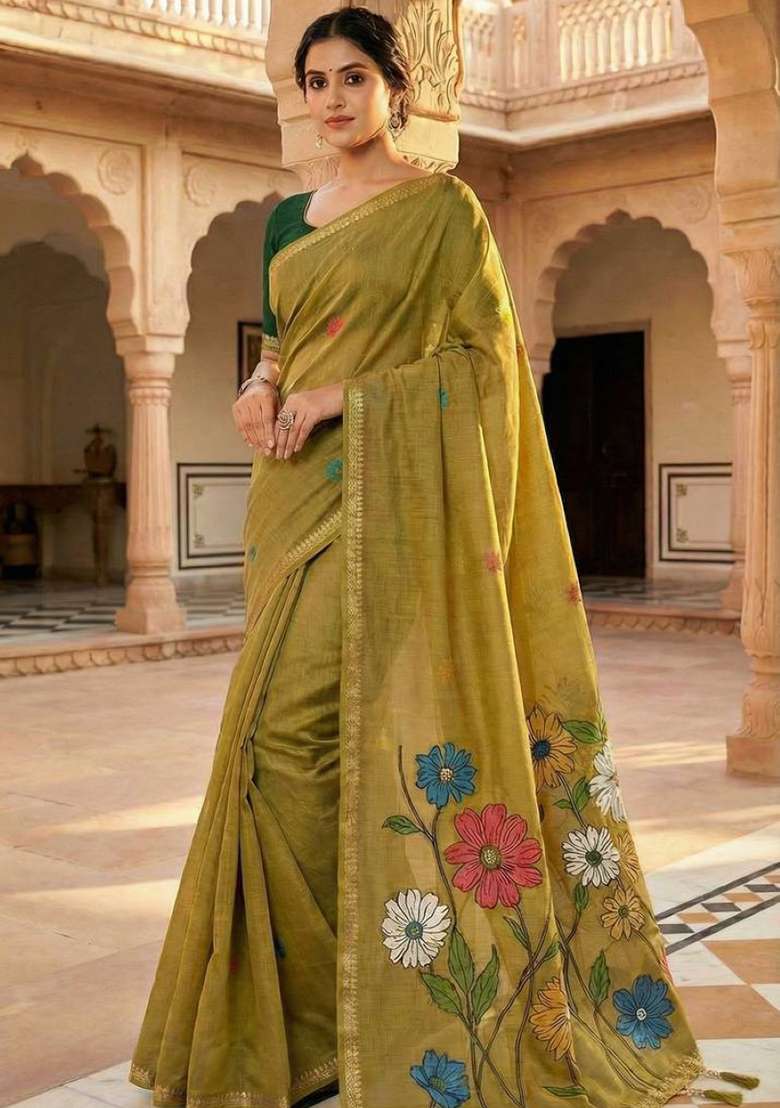 Yellow Weaving Work Cotton Saree Set for Diwali and Festive Wear - Indya