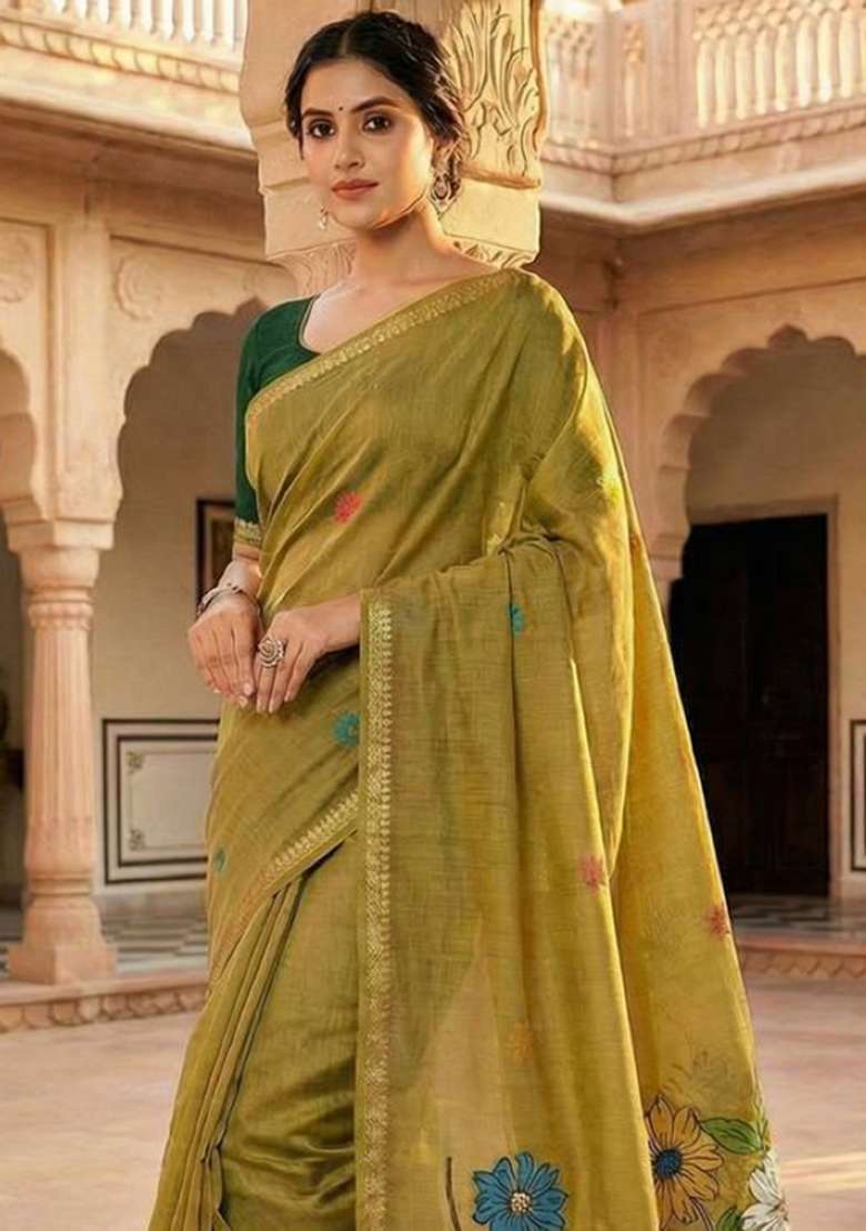 Yellow Weaving Work Cotton Saree Set for Diwali and Festive Wear - Indya