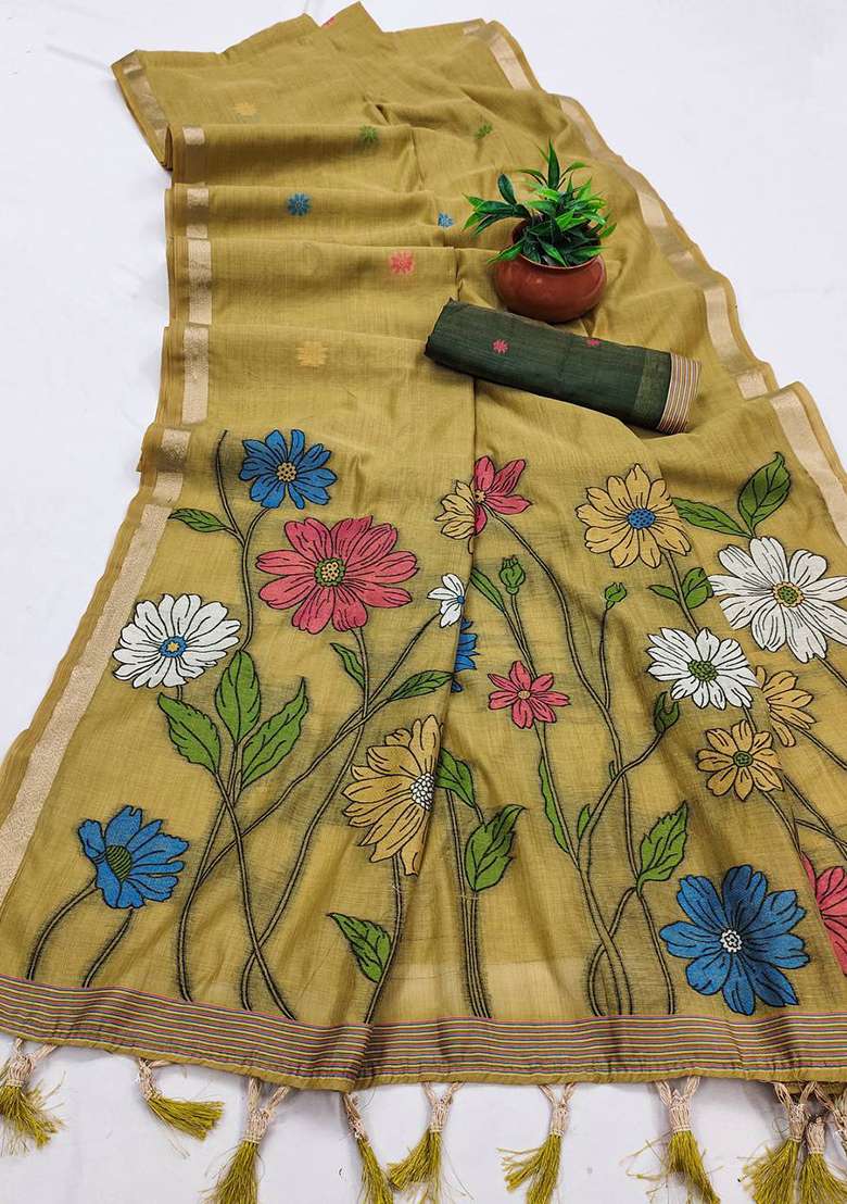 Yellow Weaving Work Cotton Saree Set for Diwali and Festive Wear - Indya