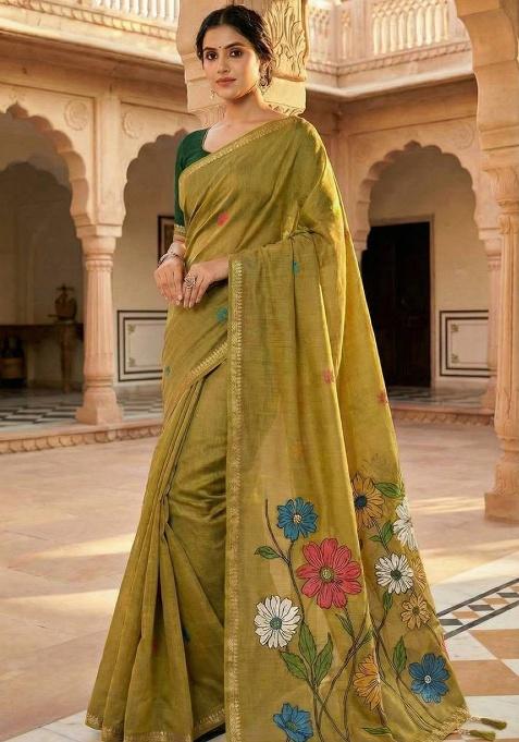 Yellow Weaving Work Cotton Saree Set