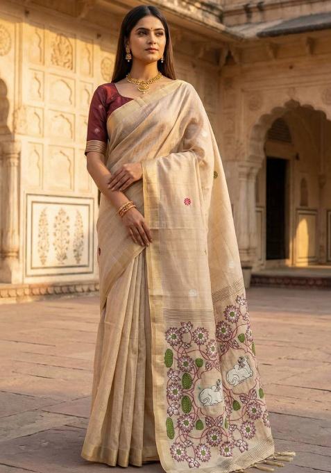 Cream Weaving Work Cotton Saree Set
