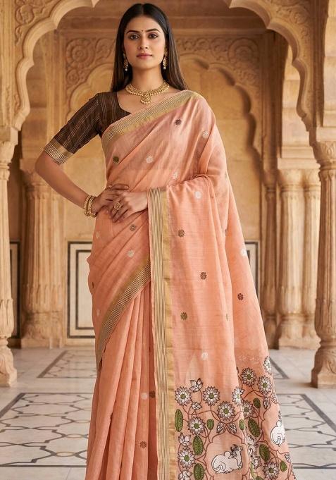 Peach Weaving Work Cotton Saree Set