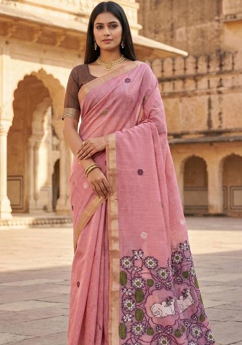 Pink Weaving Work Cotton Saree Set