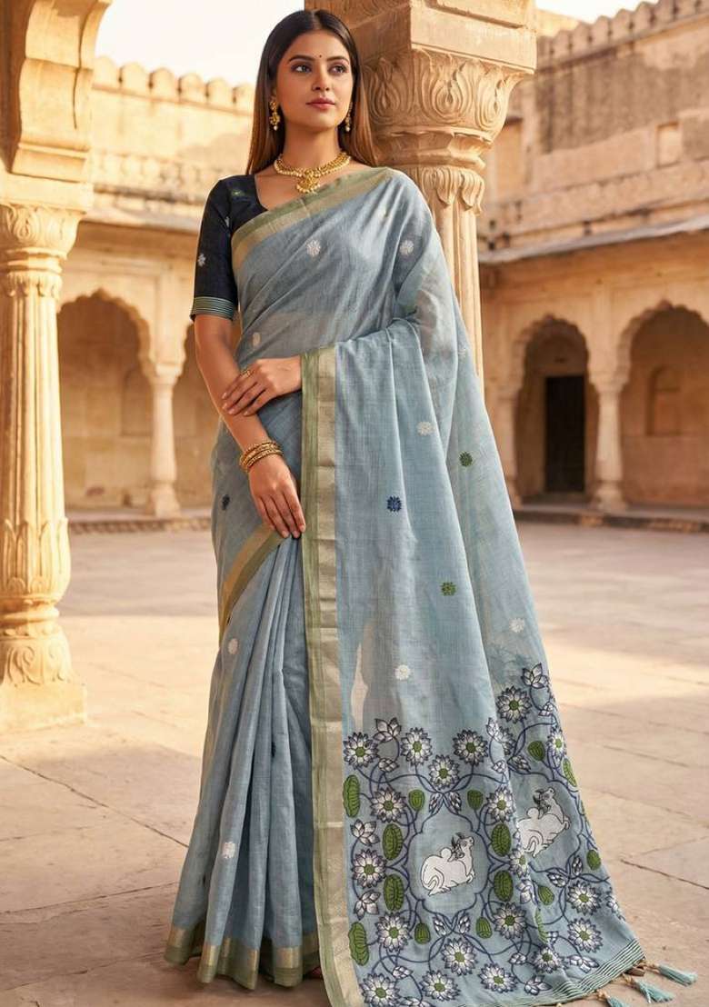 Sky Blue Weaving Work Cotton Saree Set for Diwali | Wedding & Festive Wear - Indya