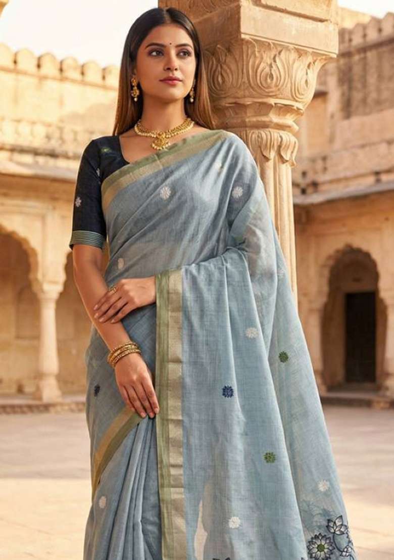 Sky Blue Weaving Work Cotton Saree Set for Diwali | Wedding & Festive Wear - Indya