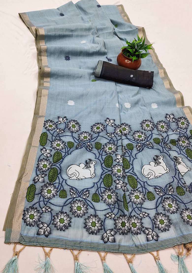 Sky Blue Weaving Work Cotton Saree Set for Diwali | Wedding & Festive Wear - Indya