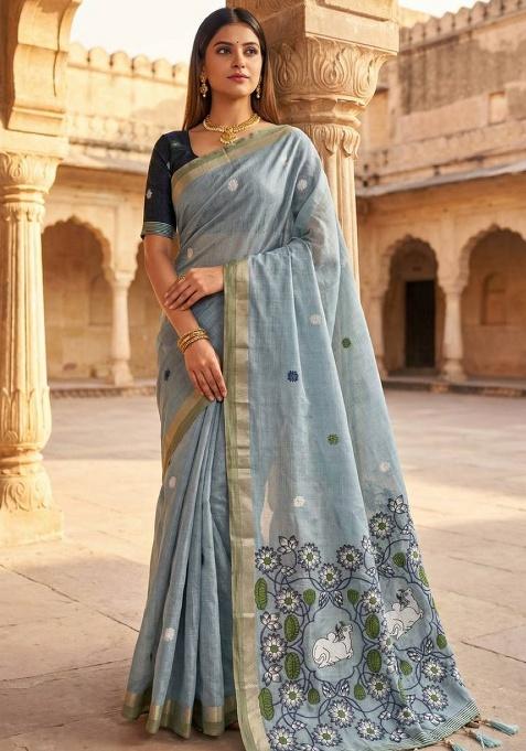 Sky Blue Weaving Work Cotton Saree Set